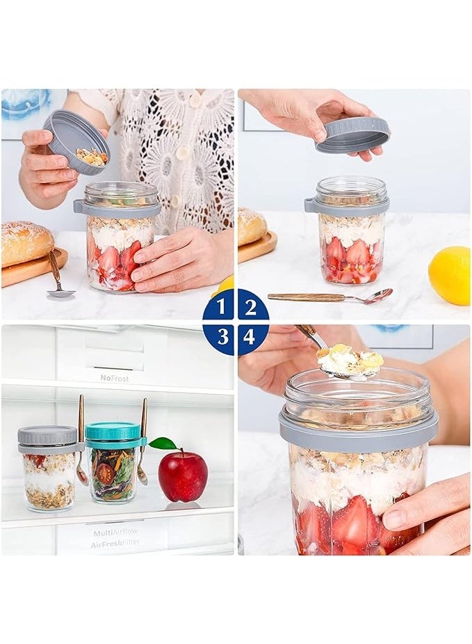 عبوة من قطعتين من برطمانات التخزين الزجاجية من مونكان مع أغطية محكمة الإغلاق وملعقة | برطمانات الشوفان الليلي، حاوية مزودة بعلامات قياس، برطمانات محمولة واسعة الفوهة، حاوية إفطار للسلطات والزبادي وحليب الحبوب ودقيق الشوفان والمزيد 300 مل (أخضر ورمادي) - Image 3